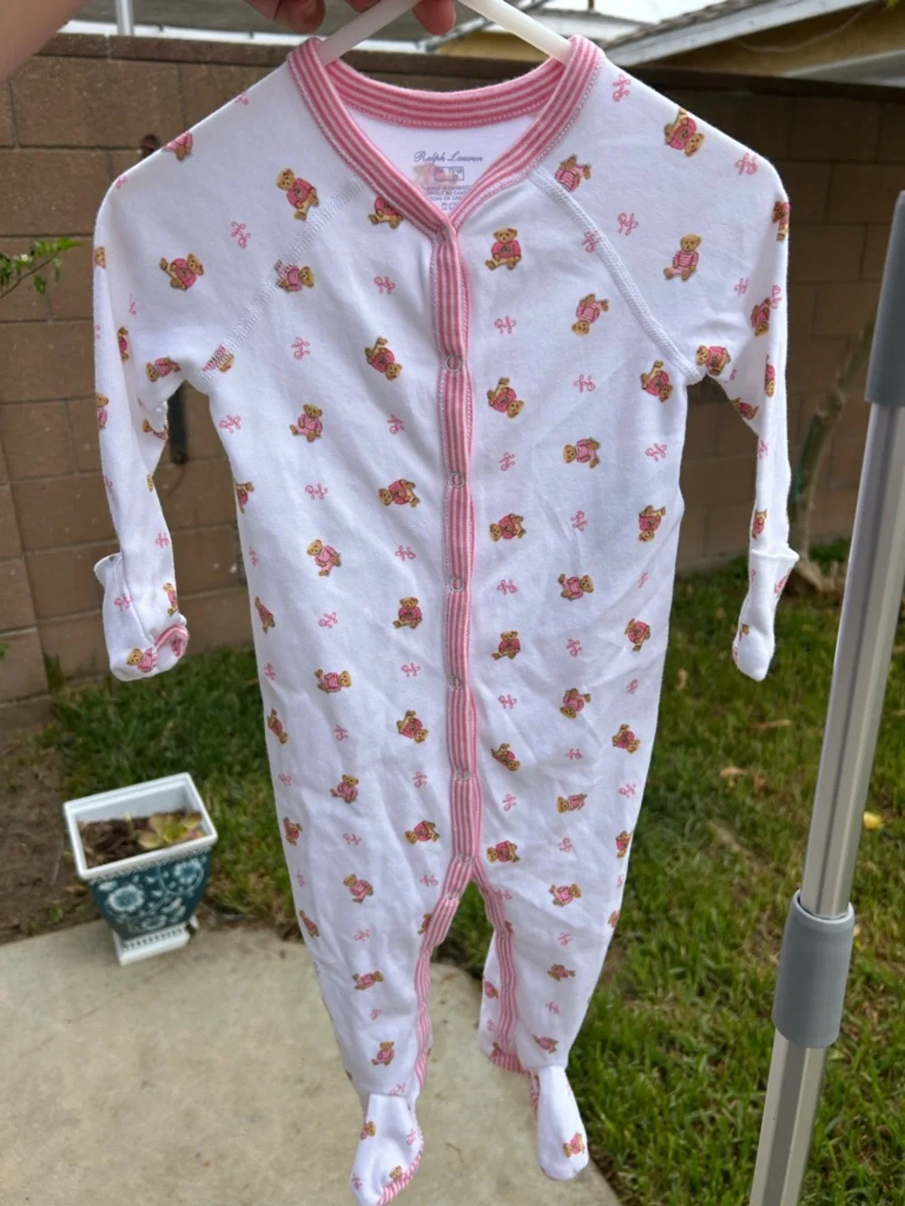 Ralph Lauren White Footed One-Piece with Pink Trim and Floral Bear Print